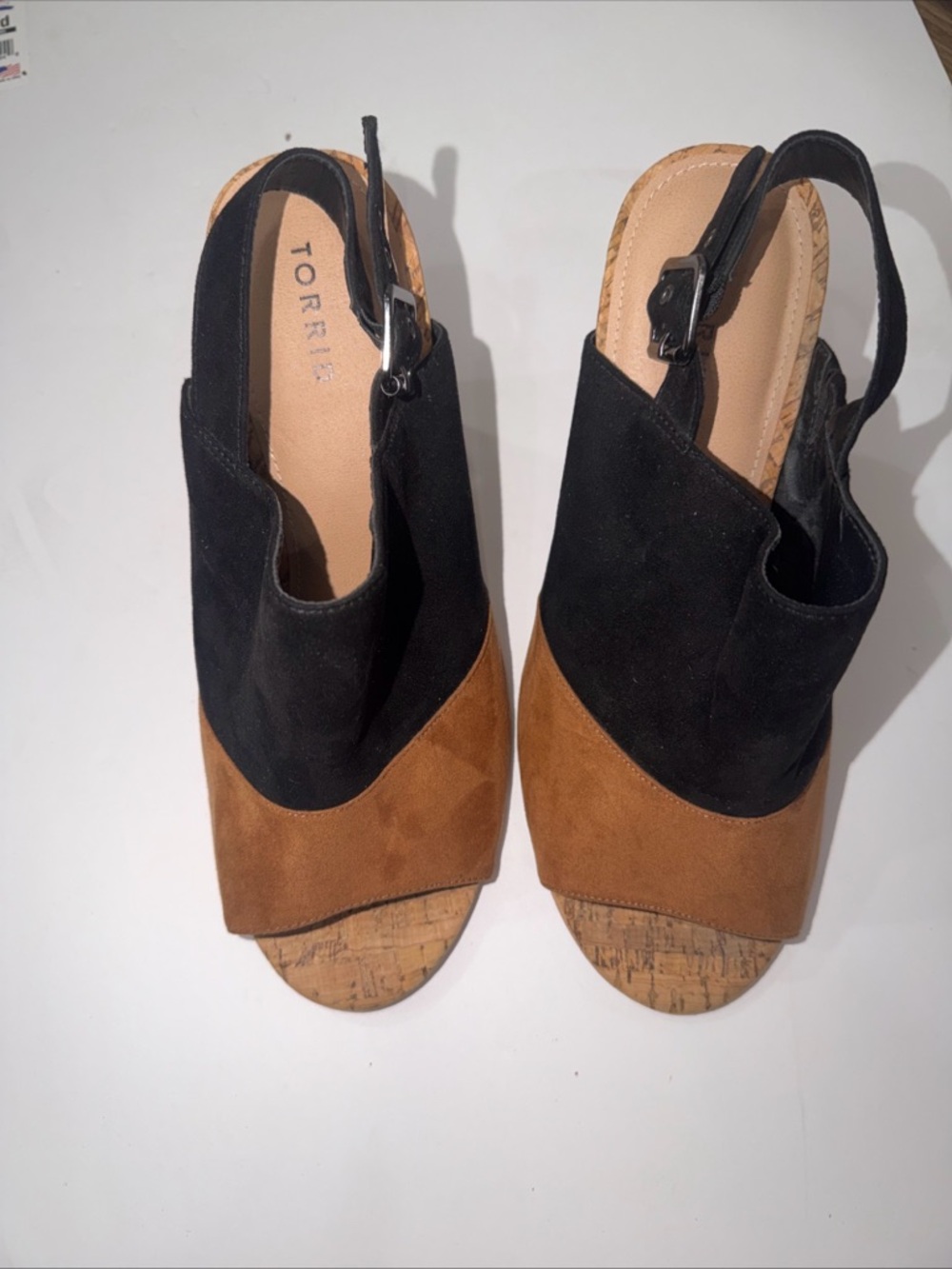 Torrid Two-Tone Black /Tan Faux Suede Cork Slingback wedge size 11.5